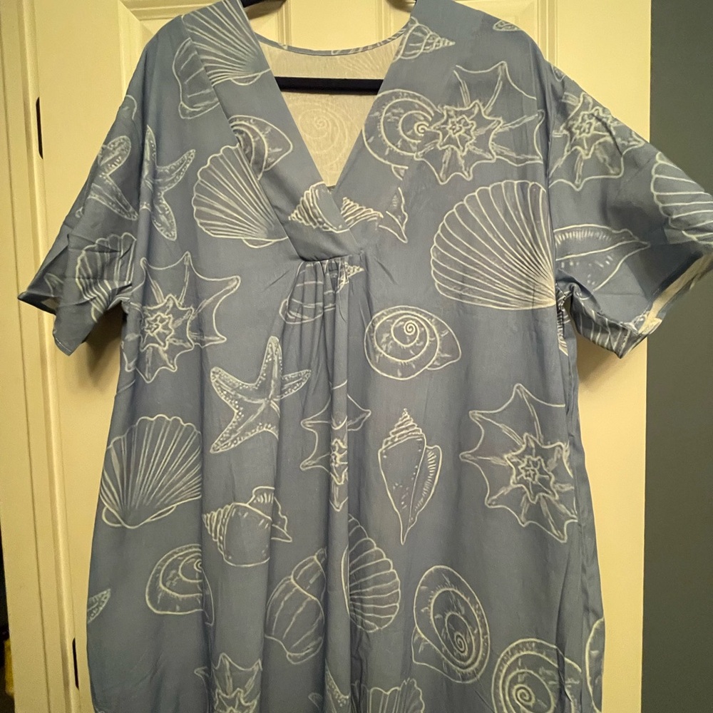 Women's Plus Size V-Neck Blue Seashell Print Dress 3X